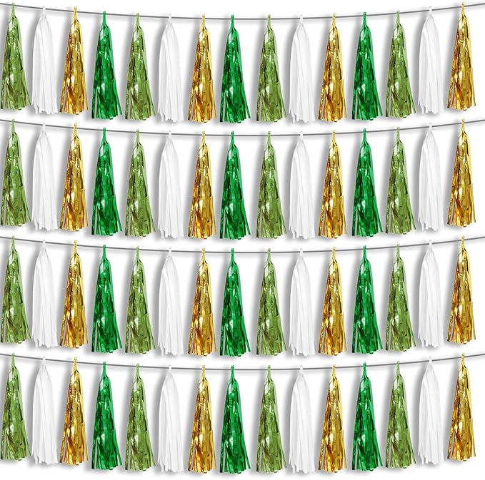 4P Sage-Green Beige-Mint Gold Foil Fringe Metallic Tassel Garland Banner, Tassels Banner Streamers for Parade Floats, Bachelorette, Wedding, Birthday, Christmas, Bridal/Baby Shower Party Decorations