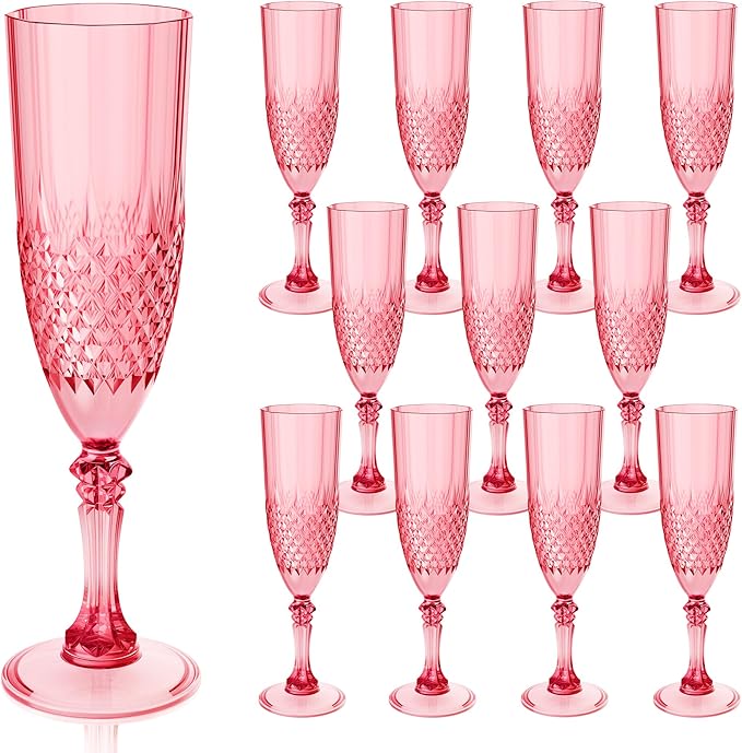 Plastic Champagne Flutes, 12PCS Red Plastic Wine Glasses Goblets Reusable Champagne Flute for Weddings, Bachelor Parties, Toasting, and Events(12,Red)