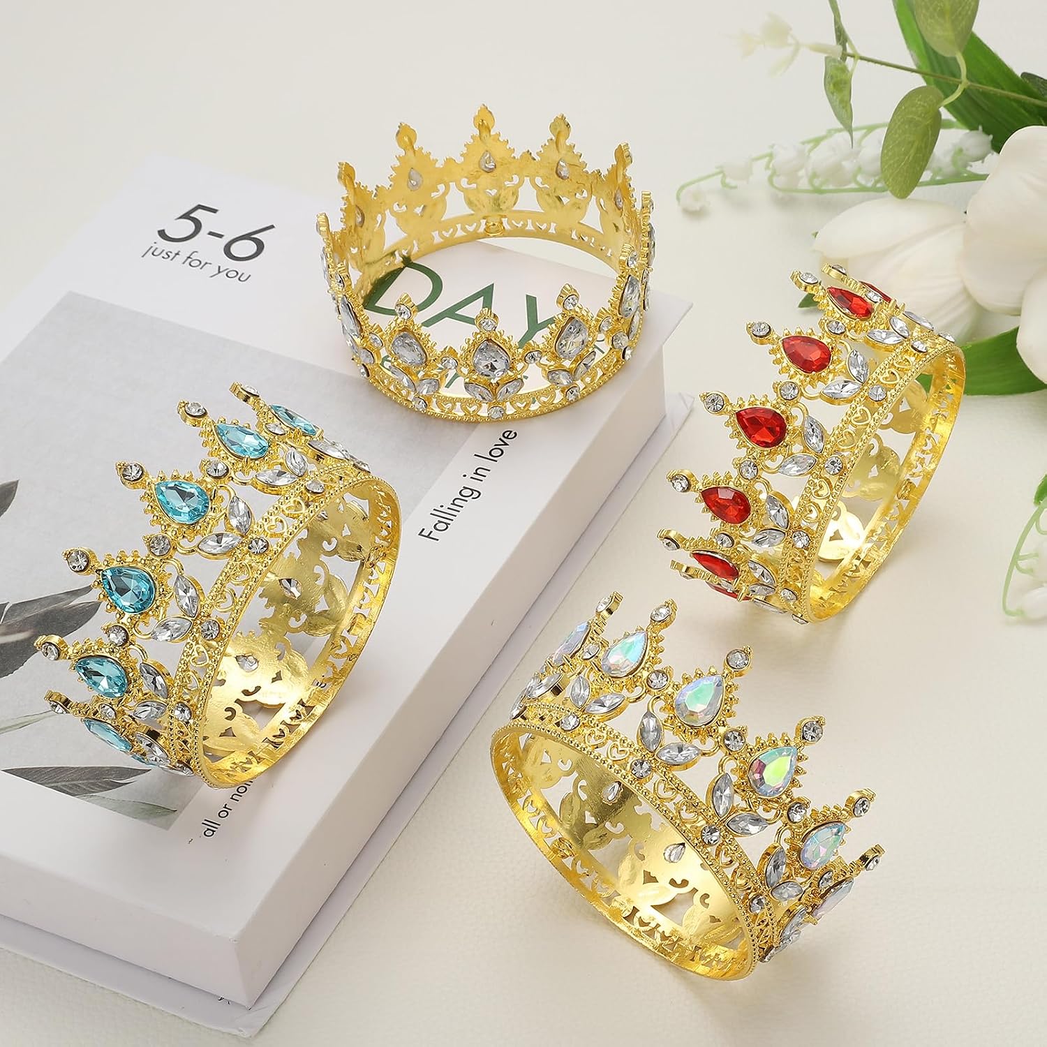 uxcell Mini Crown Cake Toppers, Alloy Queen Princess Little Crown Tiara Cupcake Heart Shaped with Crystal for Birthday Cake Decor Wedding Party, White Gold/White
