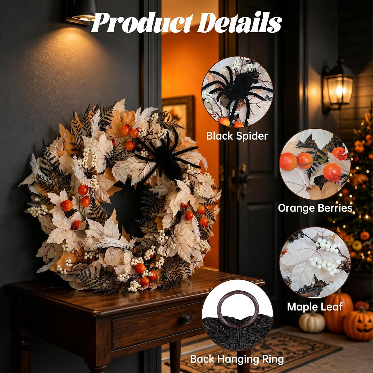 24" Halloween Wreath for Front Door with Spider, Maple Leaf