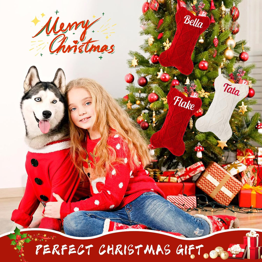 1Pc Personalized Dog Christmas Stockings, Custom Embroidered Name Pet Dog Stockings Christmas, Family Knitted Bone Xmas Stocking with Name for Dogs