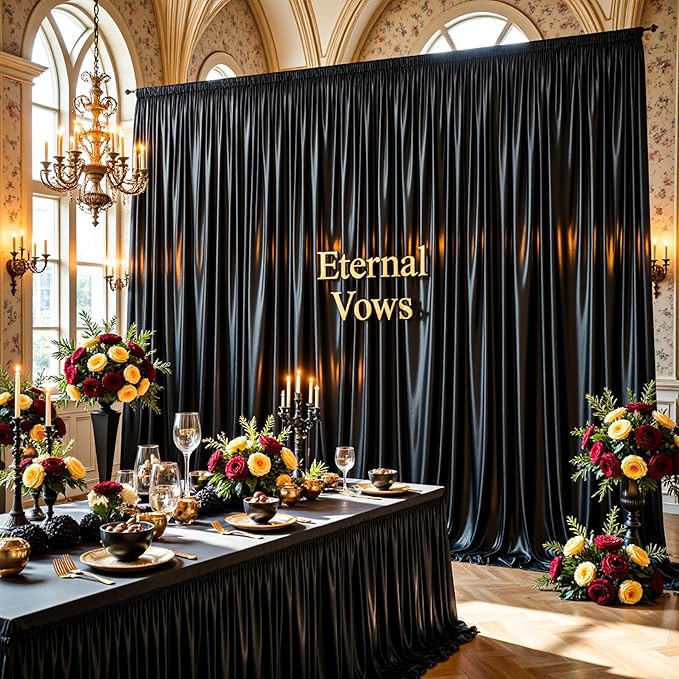 Black Satin Backdrop Curtains 2 Panels - Glitter Photo Drapes for Baby Shower, 10x10FT Shimmer Back Drop Cloth, Wrinkle Free for Birthday Party Prom Wedding Photoshoot Background