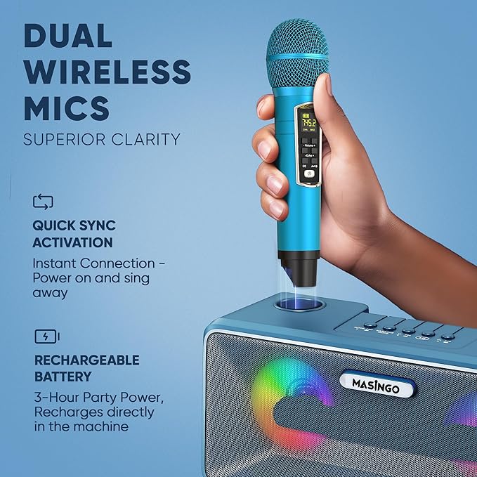 MASINGO Karaoke Machine for Adults and Kids with 2 Wireless Microphones, Portable Bluetooth Singing Speaker, Colorful LED Lights, PA System, Lyrics Display Phone Holder, and TV Cable. Presto G2