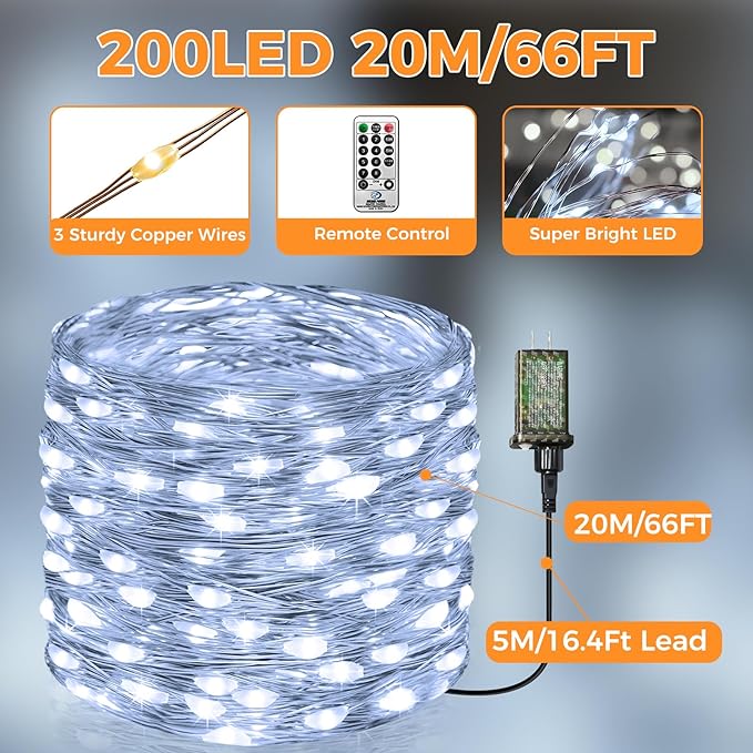 btfarm Fairy Lights Plug in with Remote, 66FT 200 LED Outdoor Twinkle Lights Waterproof with Timer, 8 Modes Indoor String Lights for Bedroom Patio Garden Wedding Christmas Decoration, Cool White