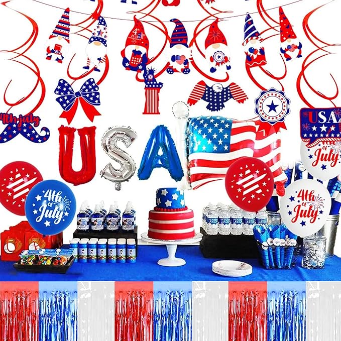 4 Pack 29x108 Inch Metallic Foil Fringe Tinsel Table Skirts for Rectangle Tables Streamer Backdrop for Wedding, Birthday, Parade Floats, Christmas, Halloween Party Decoration(White Blue Red)