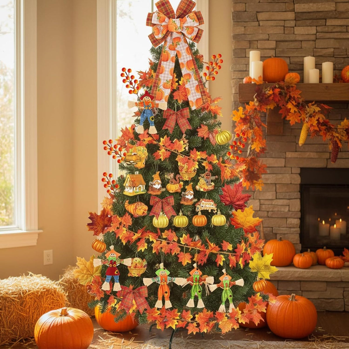 56 Pcs Thanksgiving Fall Tree Ornaments Decorations Large Fall Wreath Bows Tr...