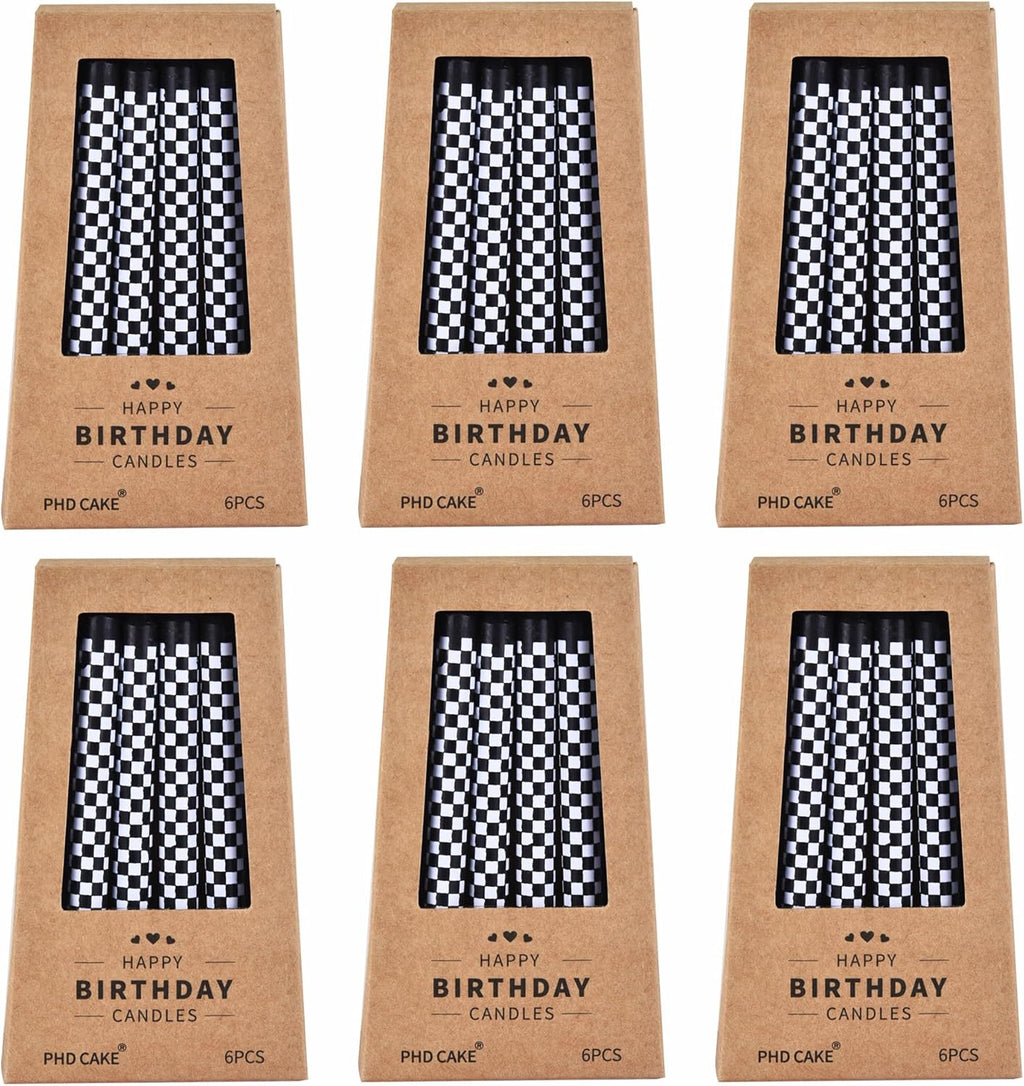 PHD CAKE 36 Pcs Racing Cars Themed Birthday Candles, Black and White Checkered Flag Candles, Kid's Party Decoration