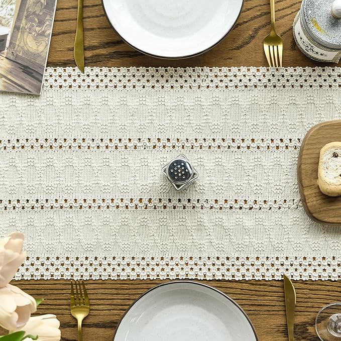 Artoid Mode Beige Farmhouse Woven Rustic Hollow Table Runner, Seasonal Holiday Hollow Kitchen Dining Table Decoration for Home Party Decor 12x120 Inch