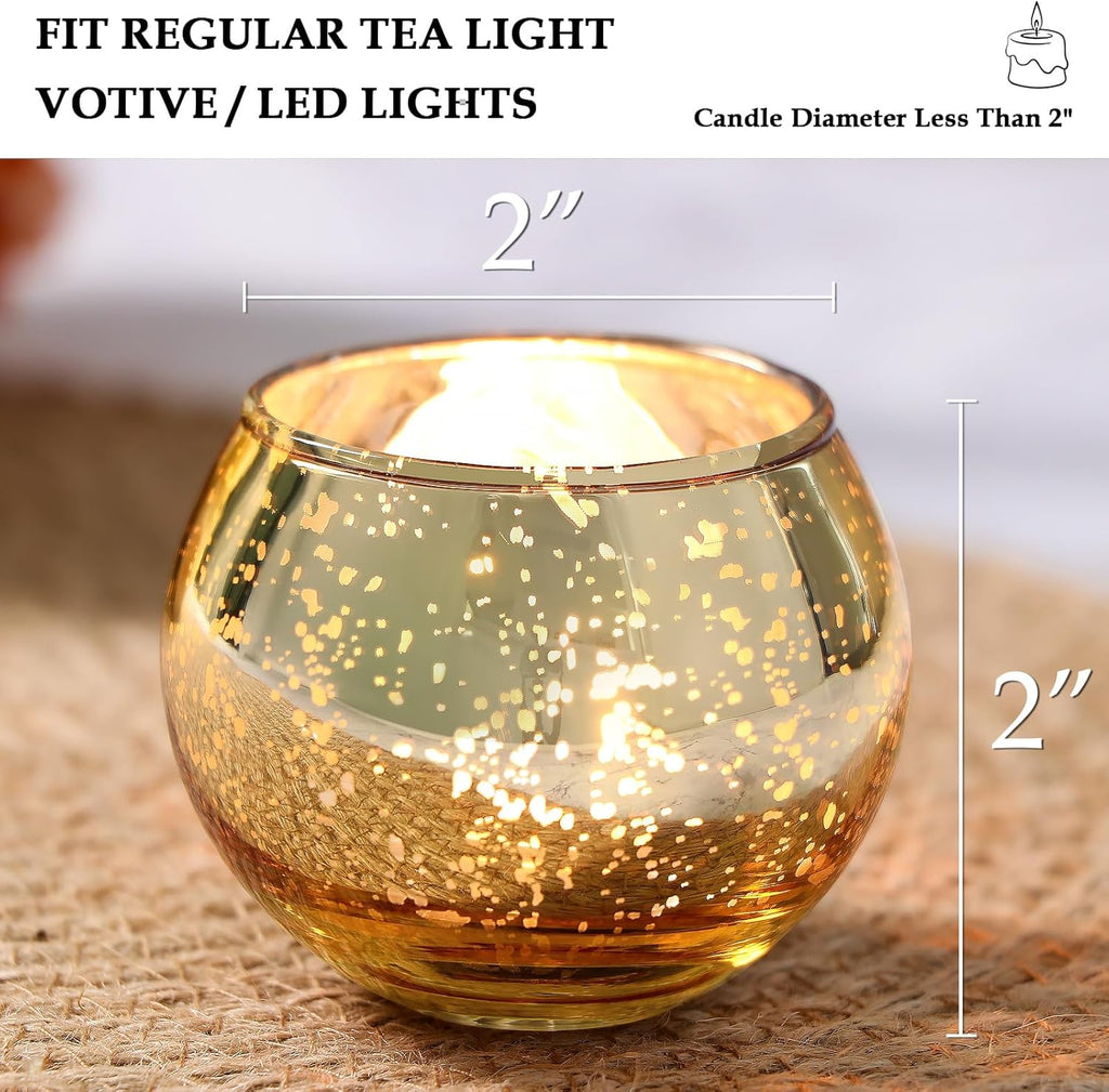 Volens Round Gold Votive Candle Holders, Mercury Glass Candle Holder Set of 12, Wedding Decorations for Table