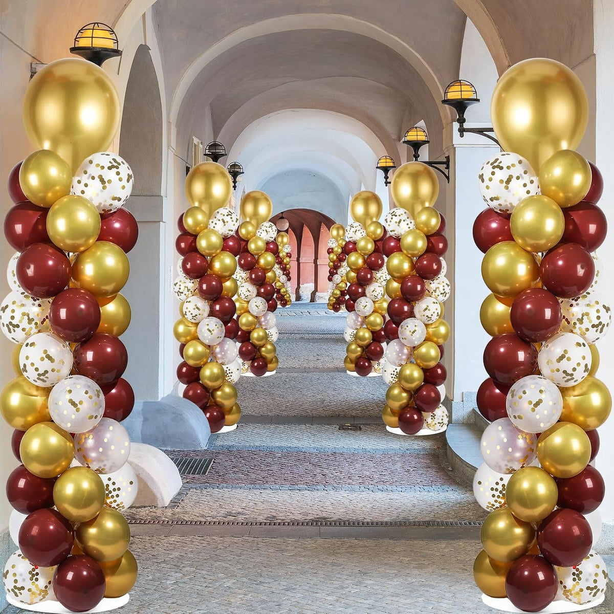 2 Sets Adjustable Balloon Column Stand Kit with Bases（Burgundy Red Gold）