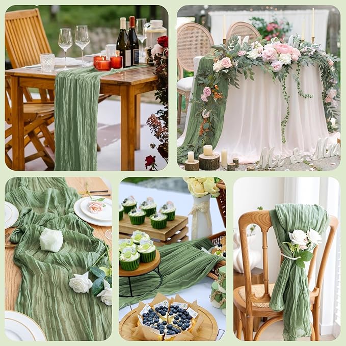 Asee'm 4pcs Cheesecloth Table Runner 120 Inches Sage Green Boho Gauze Cheese Cloth Runner 10FT Rustic Sheer Table Runners for Summer Wedding Baby Shower Holiday Party Decoration
