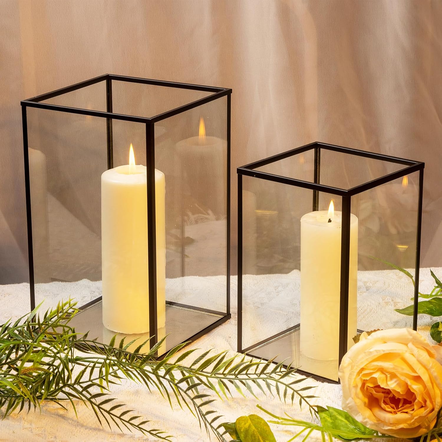 Phosphor Hurricane Camdle Holder Set of 2 Pieces, Black Glass Candle Holder for Wedding, Party, Holiday.