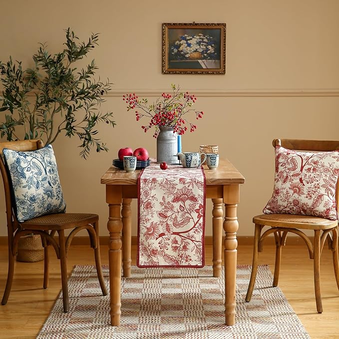 ISAENNE Designer Chinoiserie Elegant Linen Table Runner 102 Inches Long,Red Floral Pattern Decor Table Runners for Thanksgiving,Dining Room,Banquet,Kitchen Tables,Christmas,12"*102"-Ruyi A