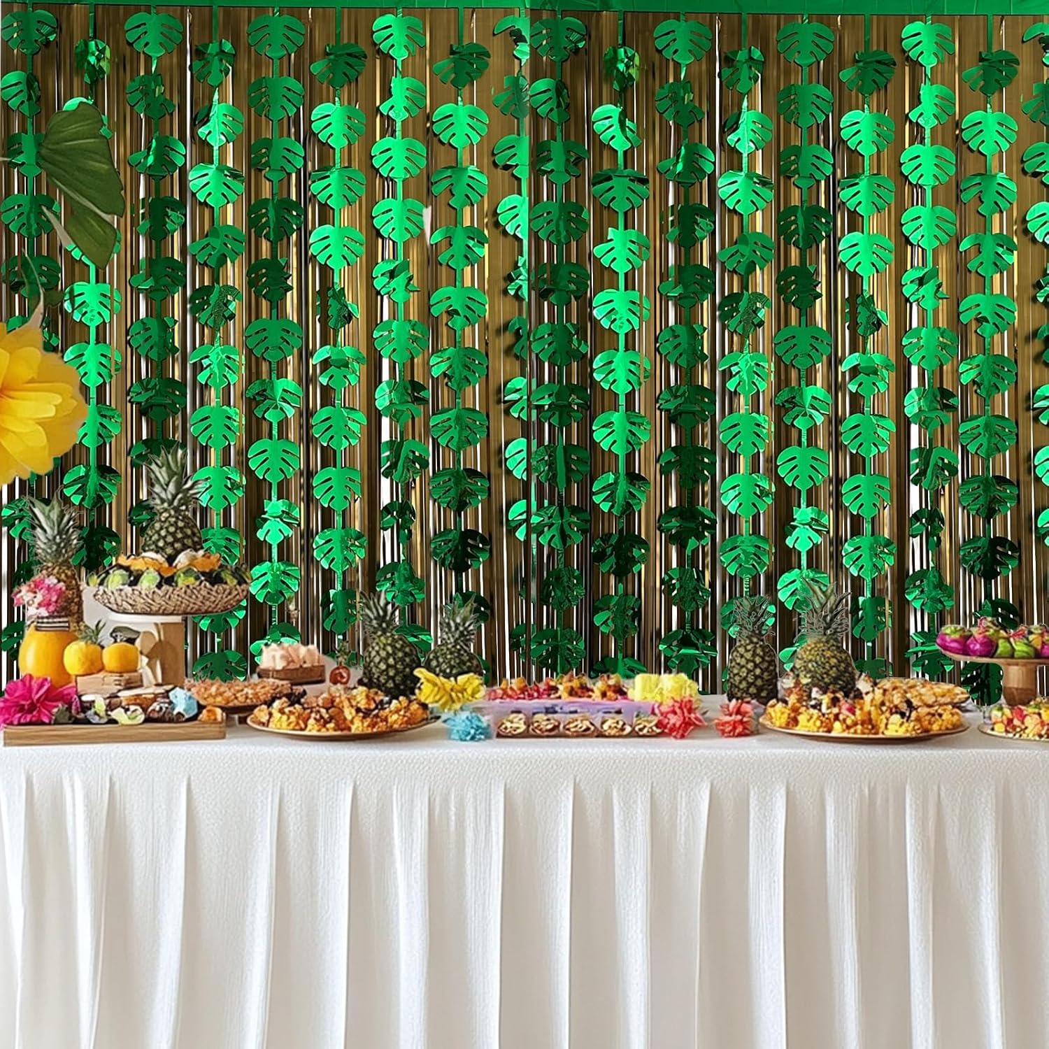 OQOQ Hawaiian Decorations Tinsel Foil Fringe Curtains (4 Pcs) - 3.3x6.6 Ft Dark Gold and Green Tropical Leaves Tinsel Curtains for Summer Jungle Aloha Luau Party Decor Photo Booth Prop Backdrop
