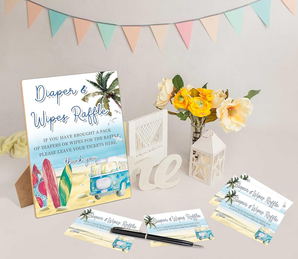 Diapers Wipes Raffle, Summer Beach Surf Diaper Raffle Tickets for Baby Shower, 1 Wooden Sign with 50 Diaper Raffle Cards, Game Activity for Baby Shower, Gender Reveal Party Favors Decorations