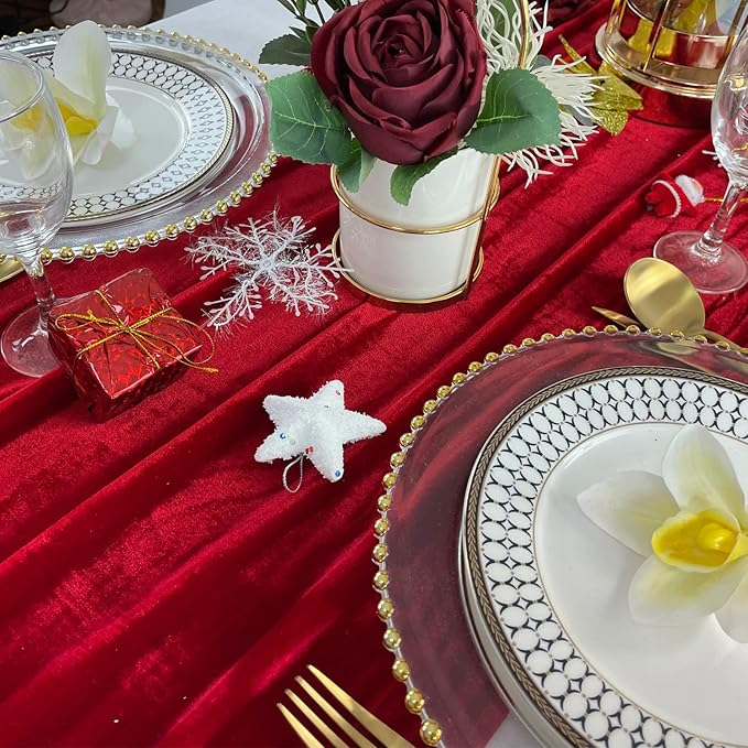 Luxurious Velvet Table Runner, 10ft Wedding Reception Decorations, 20x120inch Soft Velvet Fabric, Table Linen Overlay, Wedding Table Runners (Red, 20X120inch)