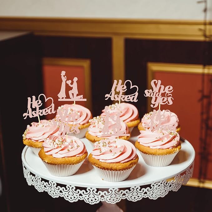 Sotpot 24PCS He Asked She Said Yes Cupcake Toppers With Heart Rose Gold Glitter for Wedding Bridal Shower,Wedding Engagement Party Cake Decorations