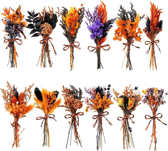 10/12/24/36 Pack Mini Dried Flowers for Vase Wedding Various Mini Bouquet Dried Small Wildflowers Natural Flowers Bulk for Crafts DIY Decor (12, Halloween Color1)