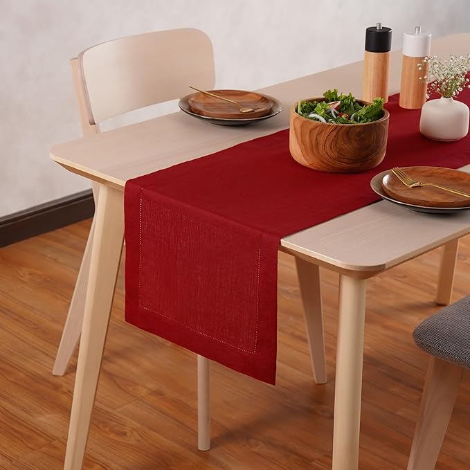 Home Ekka 100% Pure Linen Red Table Runner 14 × 48 Inch – Small Hemstitch Christmas Table Runner – Cloth Fabric Runner for Thanksgiving, Winter & New Year Table Décor – Elara Collection