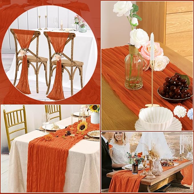 16PCS Orange Cheesecloth Table Runner - 10FT x 35x120Inch Boho Gauze Cheese Cloth Table Runner for Wedding Party, Baby Bridal Shower Table Decor