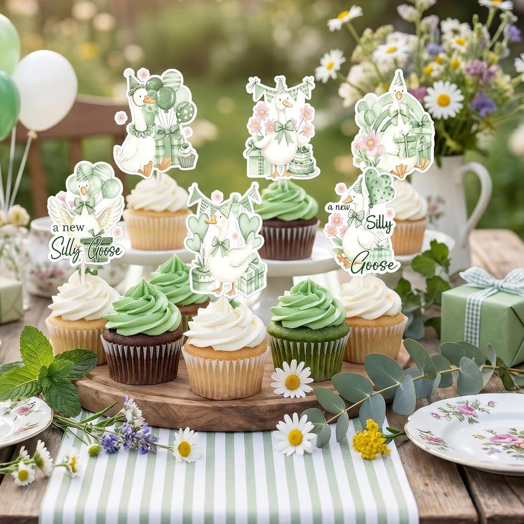 Silly Goose Baby Shower Decorations - 36PCS Sage Green A New Silly Goose is Almost Loose Party Decorations Cake Toppers Cute Animal Theme Cupcake Toppers for Gender Reveal Baby Shower Birthday Party