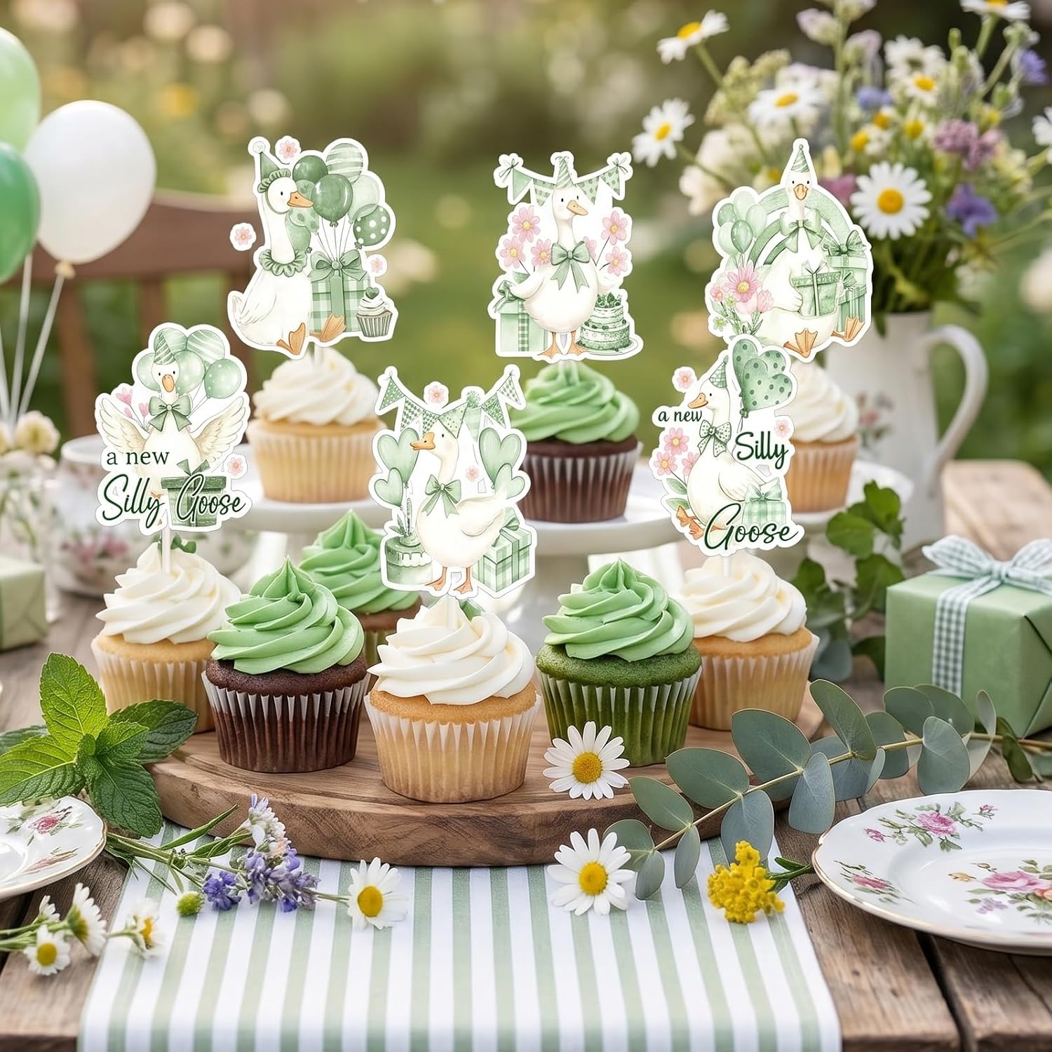 Silly Goose Baby Shower Decorations - 36PCS Sage Green A New Silly Goose is Almost Loose Party Decorations Cake Toppers Cute Animal Theme Cupcake Toppers for Gender Reveal Baby Shower Birthday Party