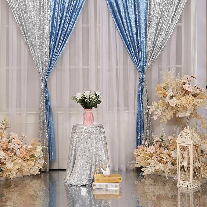 Poise3EHome Baby Blue Sequin Backdrop Curtains,4 Panels 2FTx8FT Glitter Background for Party Birthday Party Baby Shower Wedding Christmas Thanksgiving Holiday Festival Decor