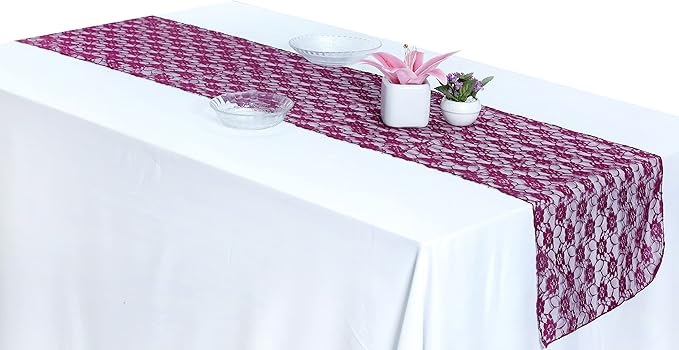 MDS Pack of 20 Wedding 12 x 108 inches Lace Table Runner for Wedding, Decorations for Birthday Parties, Banquets, Graduations, Engagements, and Runners fit Rectangle, Round Table- Eggplant