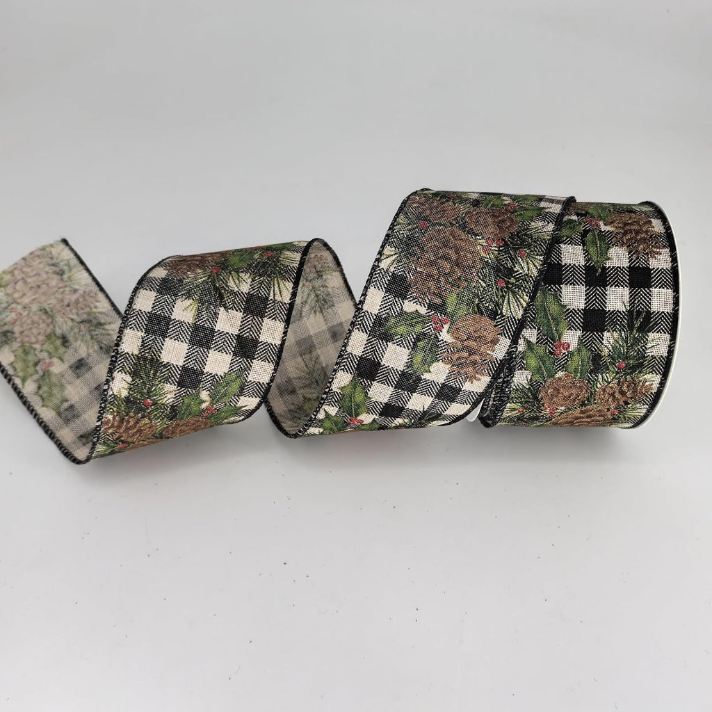 HATIANGE Pinecone Christmas Burlap Ribbon with Black White Plaid Wired Ribbon, 2-1/2 Inch x 11Yards, for Xmas Home Decor, Gift Wrapping, Bow Making, Wreath, DIY Crafts