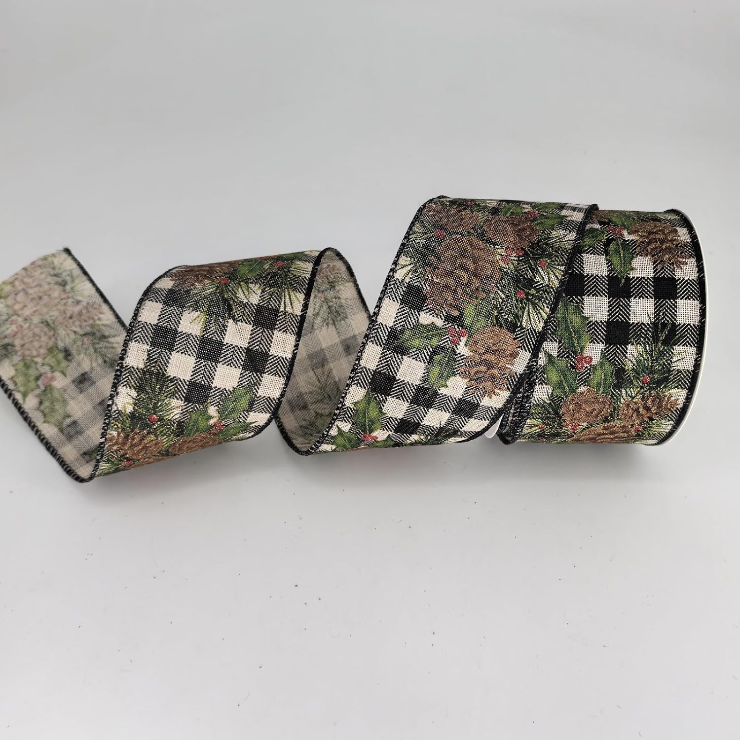 HATIANGE Pinecone Christmas Burlap Ribbon with Black White Plaid Wired Ribbon, 2-1/2 Inch x 11Yards, for Xmas Home Decor, Gift Wrapping, Bow Making, Wreath, DIY Crafts
