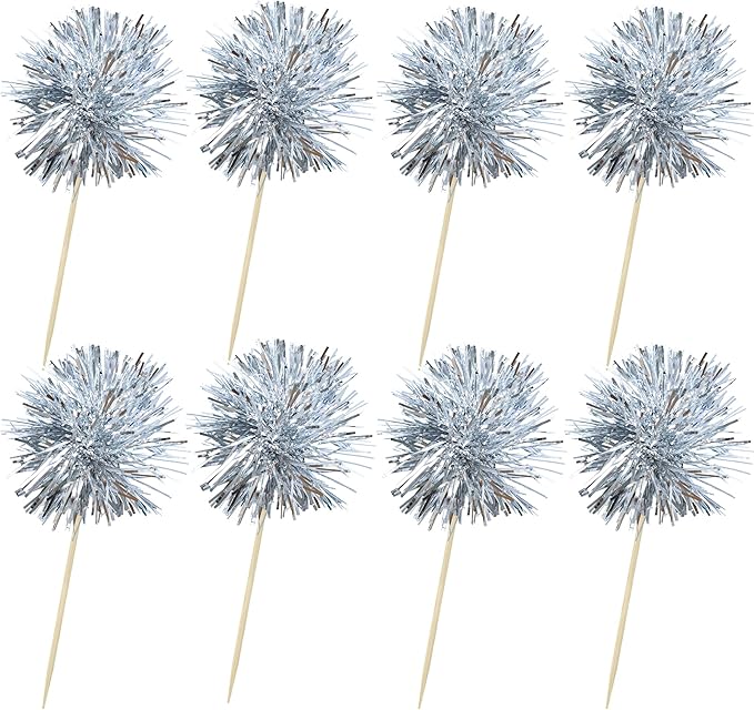 Ephlyn 30Pcs Foil Firework Cupcake Toppers Sparkle Tinsel Cupcake Picks Happy Birthday Cake Toppers Drink Stirrers Cocktail Food Fruit Toothpicks for Baby Shower Birthday Party Supplies Silver