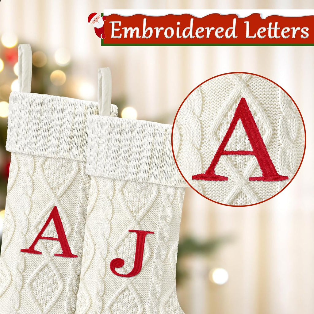 21 Inches Knitted Christmas Stockings with Initials, Large White Custom Monogram Embroidery Christmas Stockings with Letter, Personalized Xmas Decoration for Holiday Family Party-A