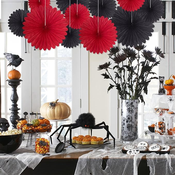 20 Pcs Black Red Hanging Paper Fan, Hanging Honeycomb Round Paper Fans for Weddings, Birthdays, Christmas, Baby Showers, Classroom, Events Ceiling Party Supplies Decorations