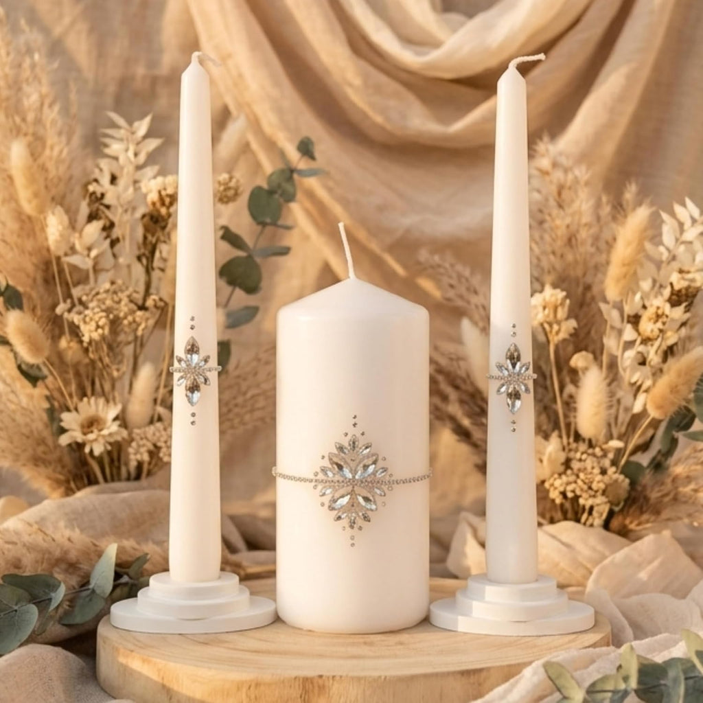 Unity Candle Set - Wedding Ceremony & Reception – 6” Pillar & Two 10” Taper Candles – Long Burning Unity Candles for Marriage Ritual – Handmade in USA –White|Cristal|Classic