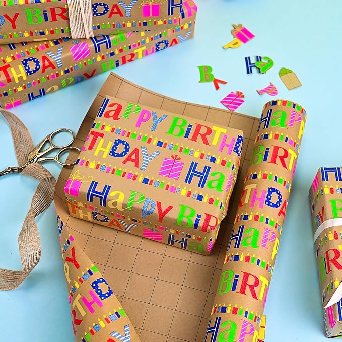 Yarcony Kraft Birthday Wrapping Paper Mini Roll, Gift Wrapping Paper, Heavyweight Brown Colorful Text Happy Birthday Gift Wrap Thick Paper for Present Packaging, Hioliday, All Age (17 Inch X 33 Feet)