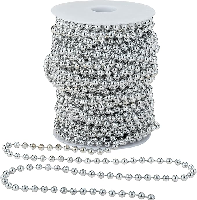 6mm Crafts Faux Pearl Beads Garland Pearl Bead Roll Strand of Pearls to Decorate Floral Centerpieces Wedding Party Favor Christmas Tree(82Feet Silver)