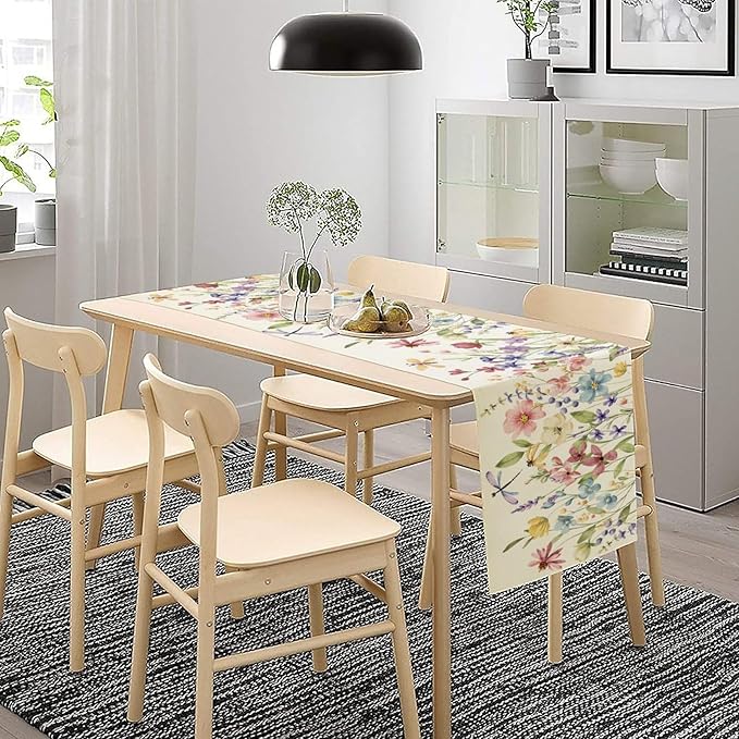 Watercolor Floral Table Runner, Colorful Spring Summer Nature Flower Dragonfly Pattern Print Table Runner for Kitchen Dinning Table Runner Decor Home Wedding Party Holiday, 13x36 Inch