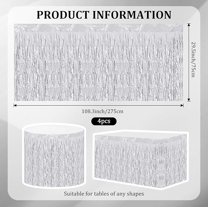 4 Pack 29.5x108 Inch Metallic Foil Fringe Tinsel Table Skirts, Streamer Garland Curtains Backdrop for Rectangle Tables Wedding Birthday Parade Floats Christmas Party Decoration(Silver)