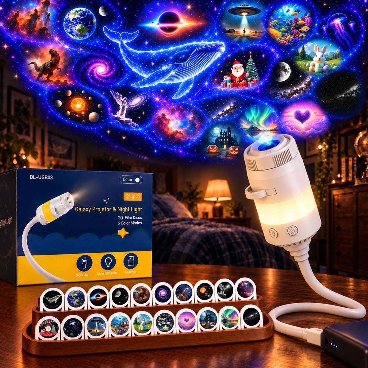 2-in-1 galaxy projector night light with 20 films, main product view