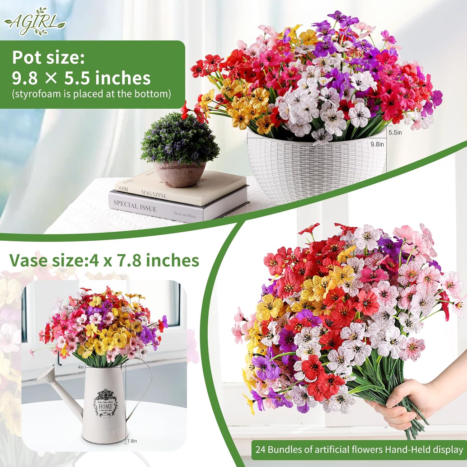 AGIRL 24 Bundles Artificial Flowers for Outdoor,Fake Flowers No Fade Plastic Faux Plants for Decoration Hanging Planters Outdoor&Indoor Garden Patio Porch Window Party Farmhouse