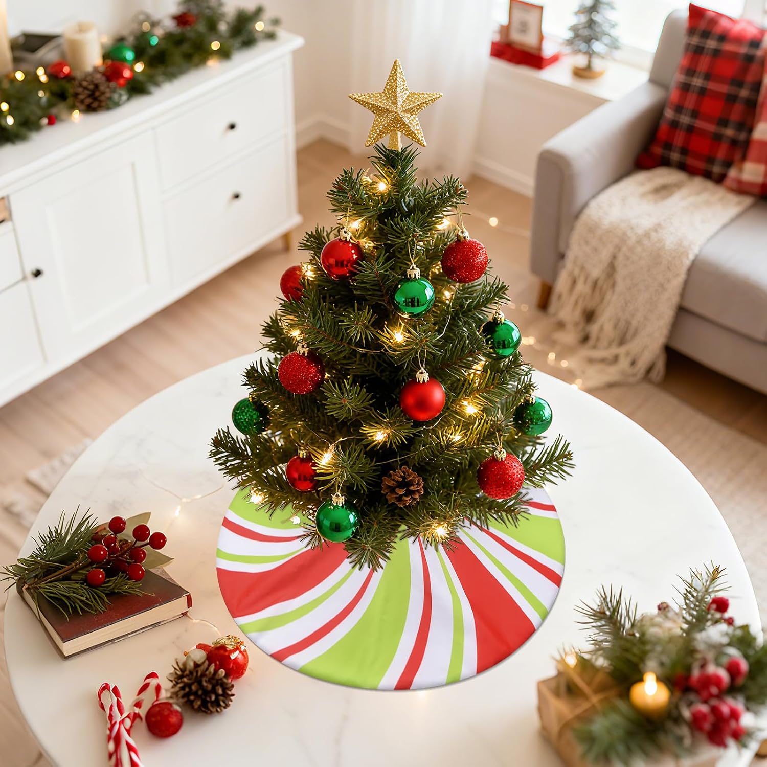 yuboo 24 Inch Red and Green Spiral Tree Skirt - Mini Peppermint Candy Xmas Tree Mat for 2-4 FT Tabletop Slim Artificial Trees, Lollipop Christmas Tree Decorations