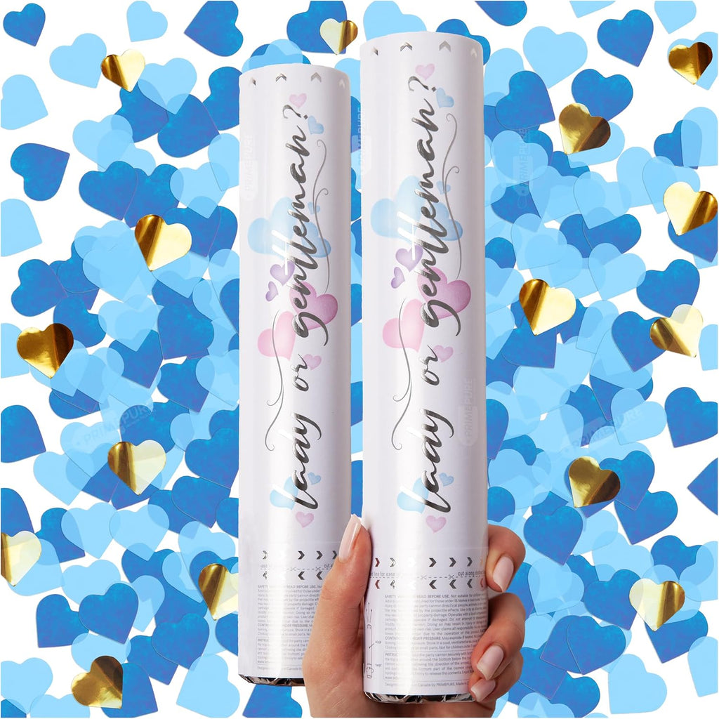 PrimePure Gender Reveal Confetti Cannon, Heart Shaped, Blue Paper, 2 Pack