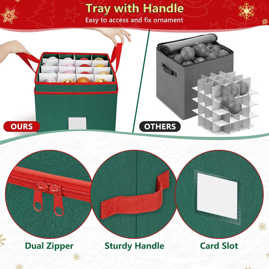 Christmas Ornament Storage Box Stores 64 Ornaments, with Adjustable Dividers, 4 Removable Trays, Dual Zippers, Non-Woven Christmas Ornament Organizer Holder, Christmas Ball Storage Container
