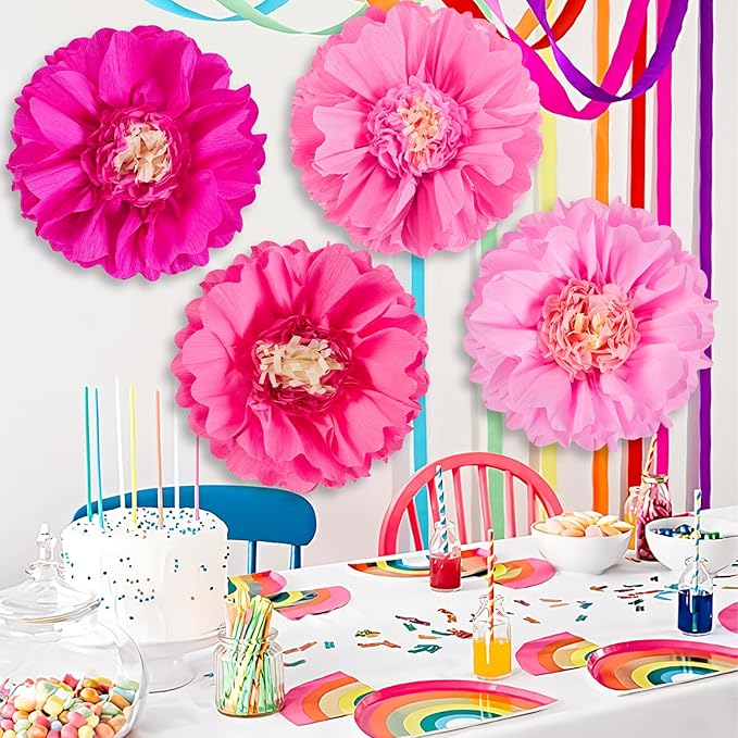 SUNBEAUTY 20" Giant Hot Pink Tissue Paper Flowers - 4 PCS Large Crepe Tissue Fiesta Flowers Party Birthday Decorations Sunset Autumn Thanksgiving Wedding Backdrop Bridal Baby Shower Nursery Wall Decor