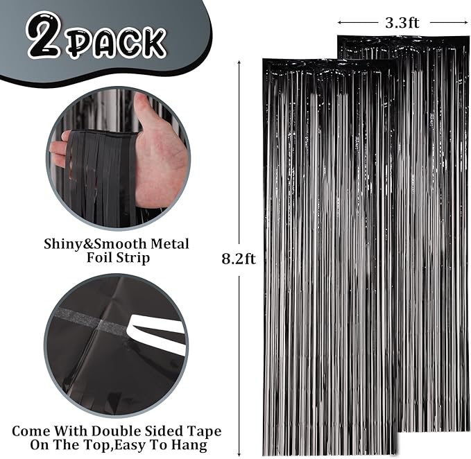 2 Pack Black Foil Fringe Backdrop Curtains, Tinsel Streamers Birthday Party Decorations, Fringe Backdrop for Graduation, Baby Shower, Gender Reveal, Disco Party