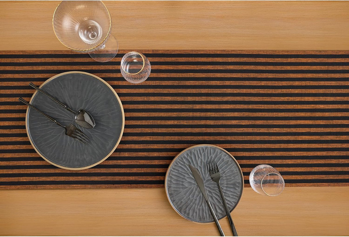 Solino Home 100% Linen Table Runner, 14 x 72 in, Pumpkin and Black Striped