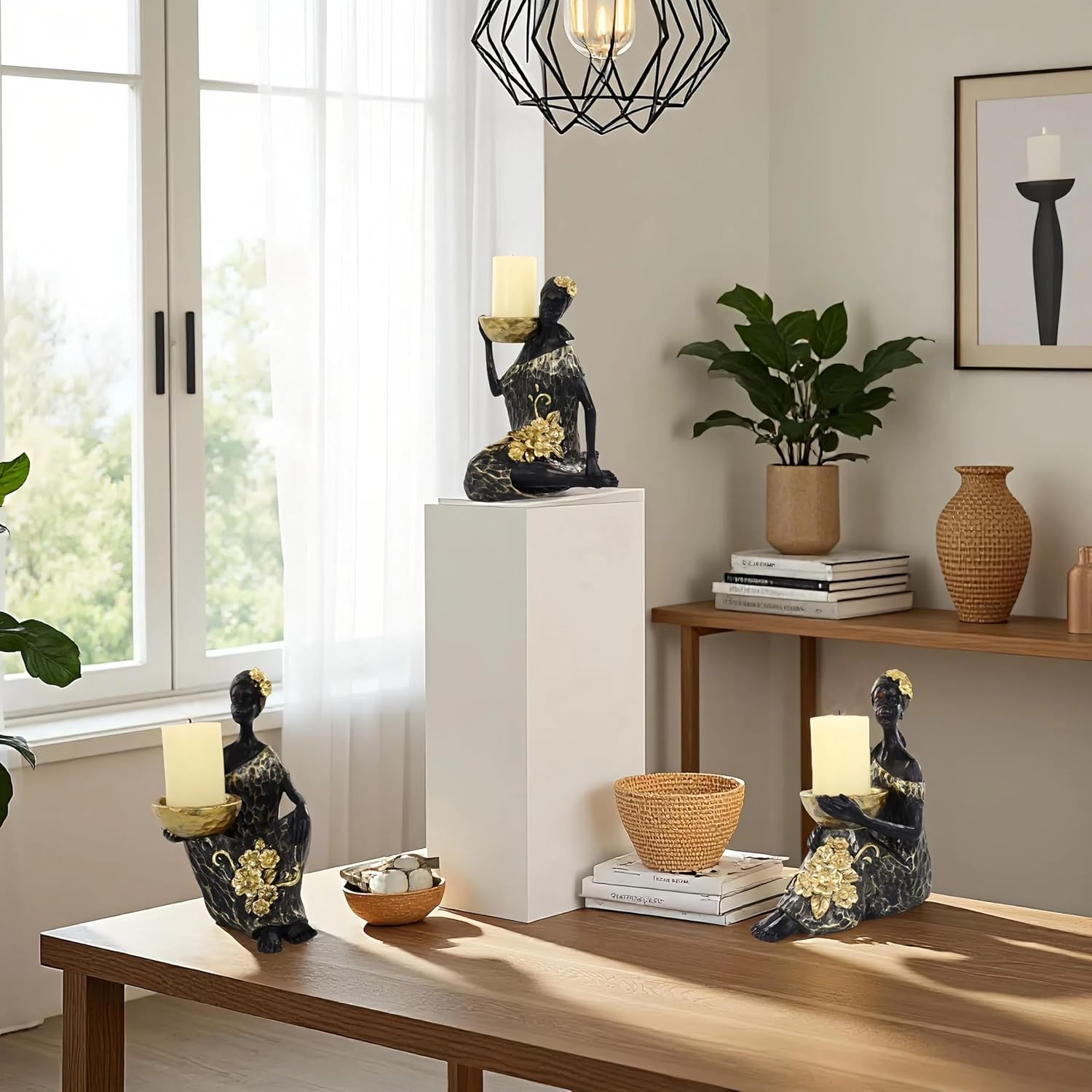 Lescafita African Lady Candle Holder Set of 3 – Resin Figurines with Gold Bowls for Tea Light or Small Pillar Candles – Decorative African Women Statues for Home, Shelf, or Table Centerpiece