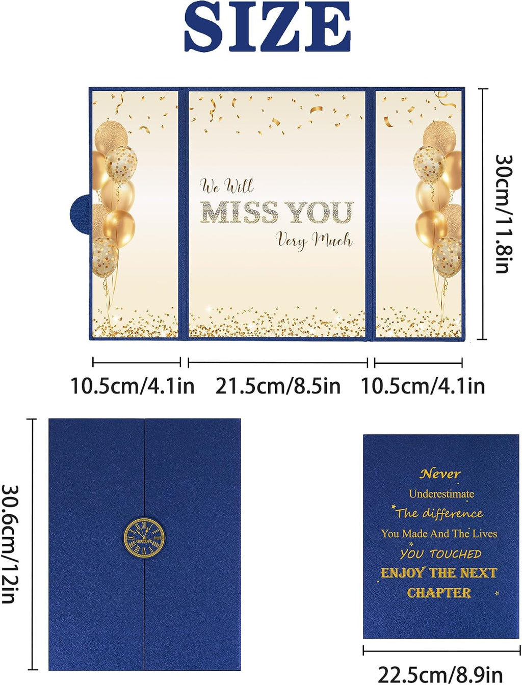 DARUNAXY Blue Gold Farewell Party Decorations, We Will Miss You Very Much Alternative Signature Guest Book for Men Women Going Away Gifts Signing Card Board for Retirement Graduation Party Supplies