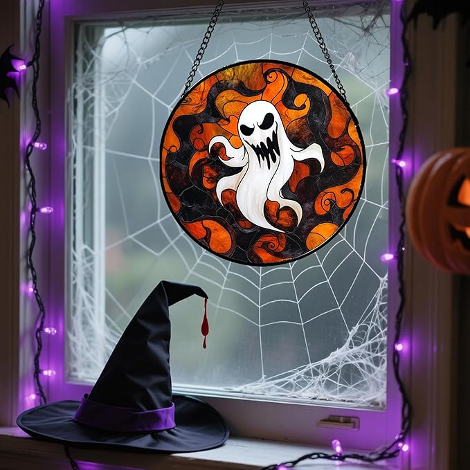 Stained Glass Window Hanging - Halloween White Ghost Suncatcher for Doors Window Garden Indoor Spooky Funny Orange Sun Catchers Gothic Decor Horror Gifts for Women Men Friend 15 in