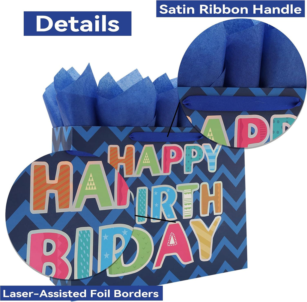 Qirrmiy 16.5” Extra Large Blue Happy Birthday Gift Bag Set with Handles, Greeting Card, Tissue Papers and Stickers for Men Boys Teens, for Kids' Parties, Laser Foil 'Happy Birthday' Design, 1 Pcs